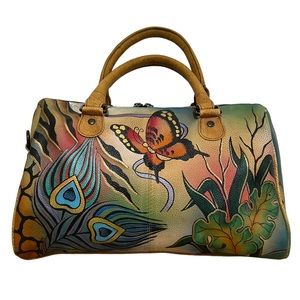 Anuschka Leather Satchel Shoulder Bag Butterfly Hand Painted